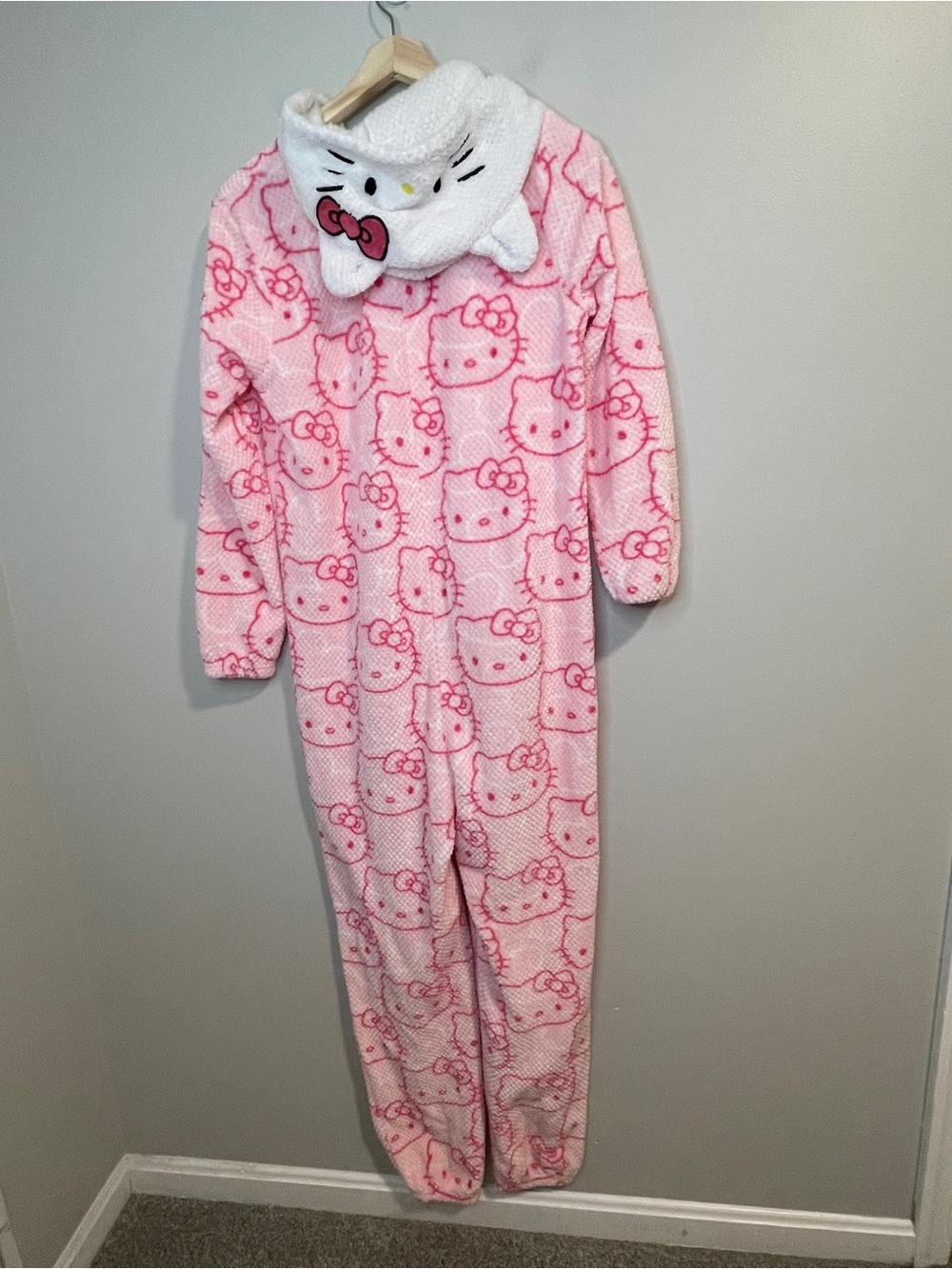 Hello Kitty Pink & White Hooded Fleece Jumpsuit Romper - Picture 2 of 7